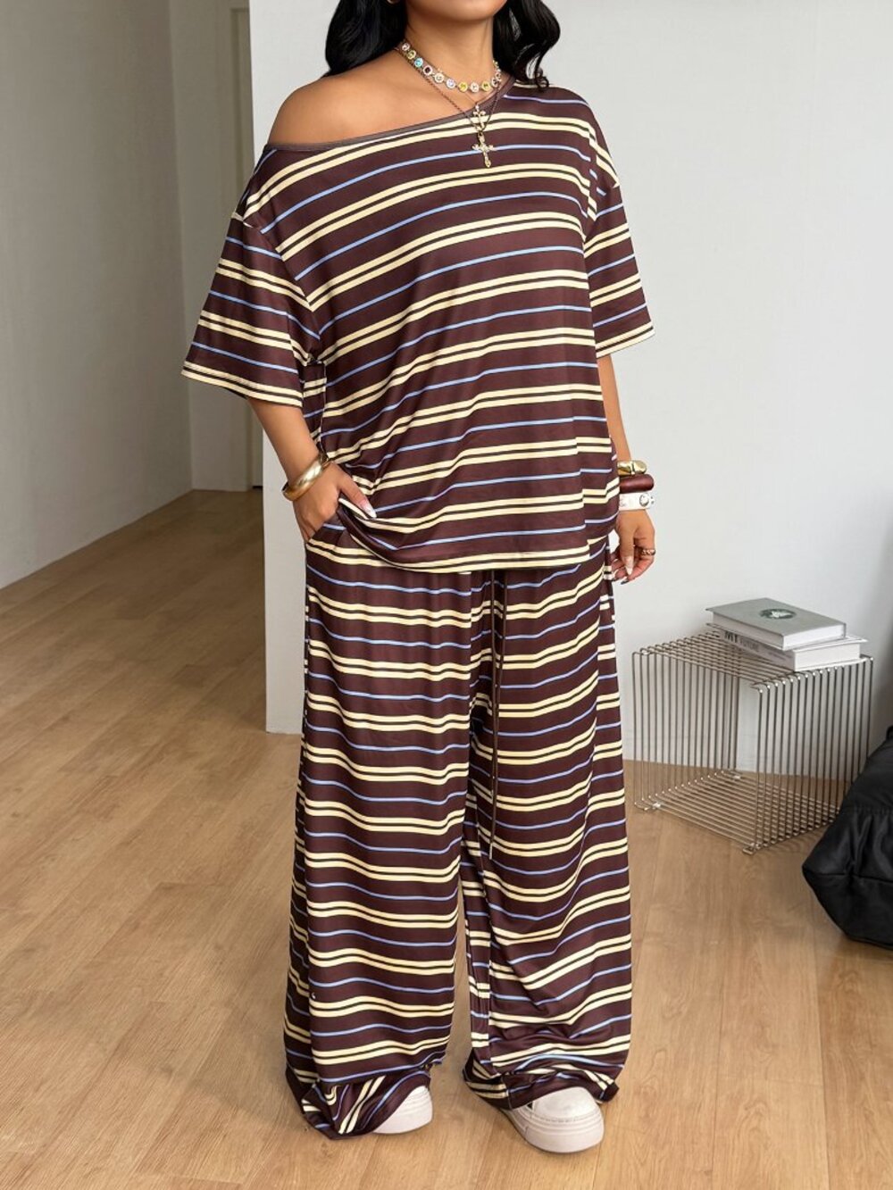 Mocha Brown Casual Women's Off Shoulder T-Shirt & Wide Leg Pants